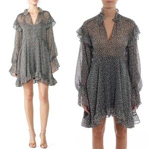 PHILOSOPHY LORENZO SERAFINI Silk Leopard Ruffle Long Puffed Sleeve Mini Dress 4